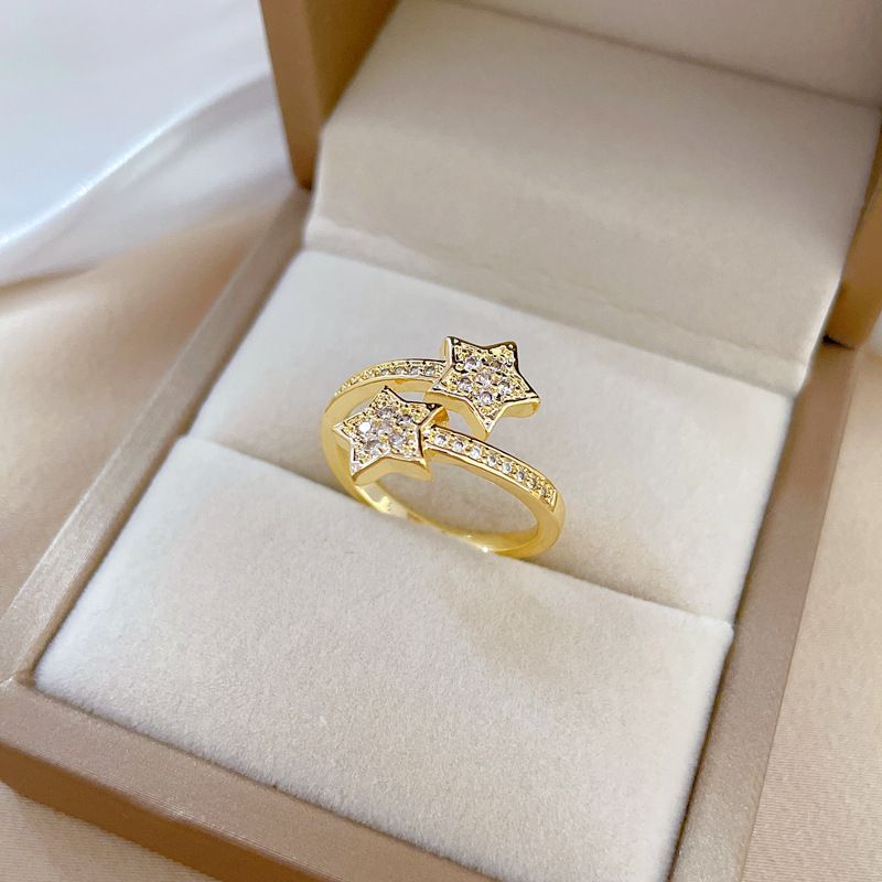 【 Real Gold Plating 】 Opened Five Point Star Fashion Micro Inlay Light Luxury Index Finger Ring, Netting Red, Same Cool_voghion.com