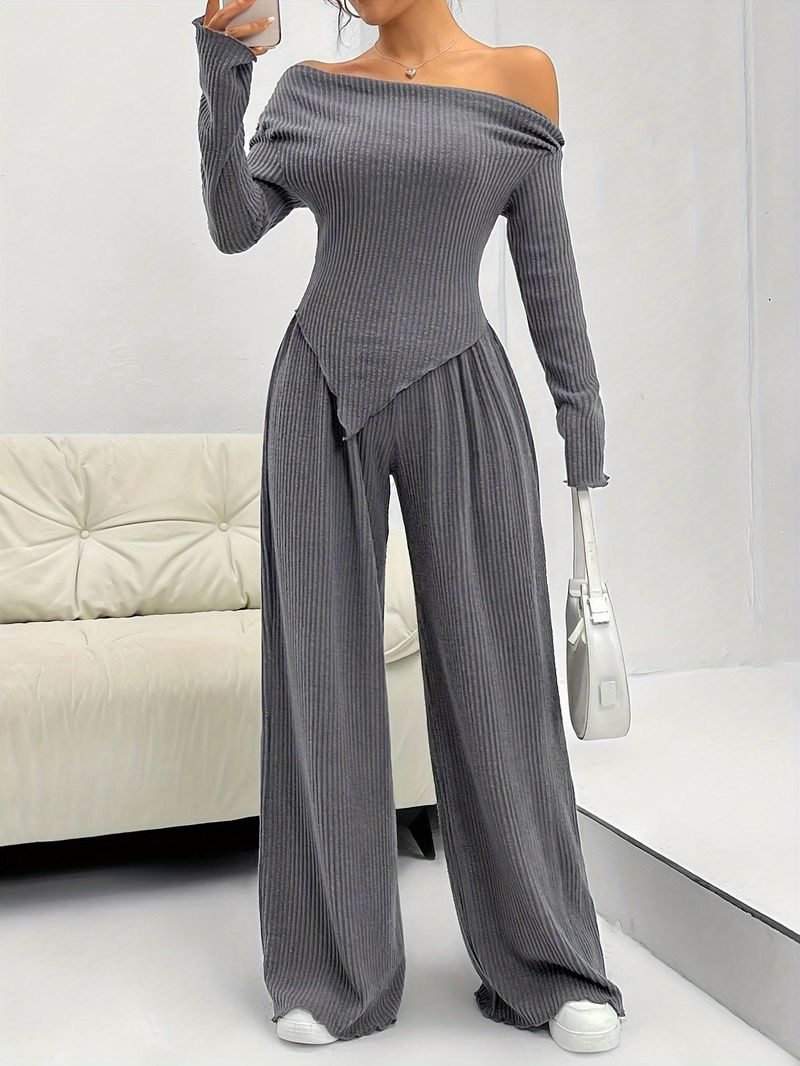 Women's Clothing Two Piece Suit For Women Autumn New Style Fashion Casual Straight Pants Temperament Loose One Line Collar Pit Strip Knit_voghion.com
