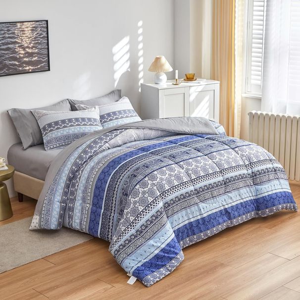 Bettdeckenset, Steppdeckenset, Blau, Bohemian-Steppdecke, dreiteiliges Set_voghion.com