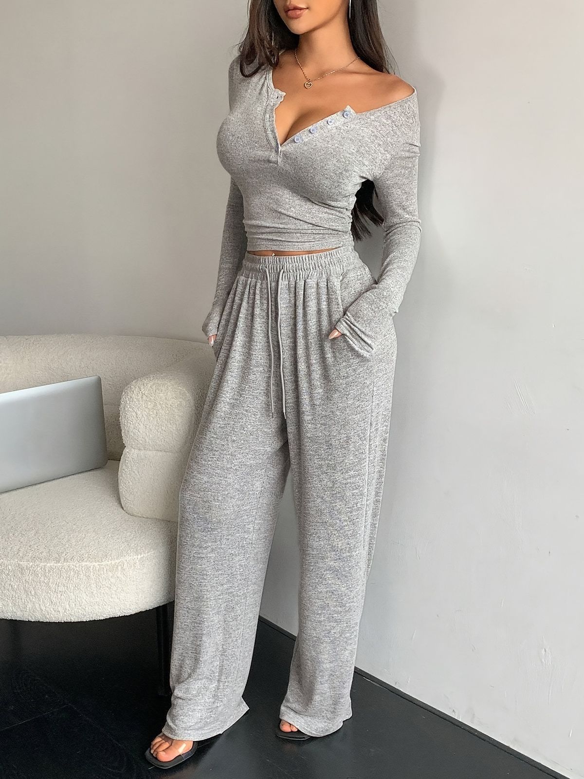 Damenbekleidung Herbstanzug Langarm Button Down Einfarbig Enges Oberteil Plus Hose Zweiteiliger Anzug Für Damen_voghion.com