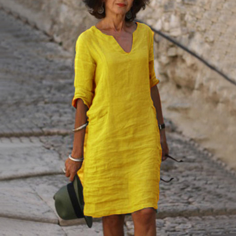 Damenbekleidung Herbst Baumwolle und Leinen Kleiner V-Ausschnitt Spleißen Retro Einfarbig Dreiviertelärmel Kleid_voghion.com