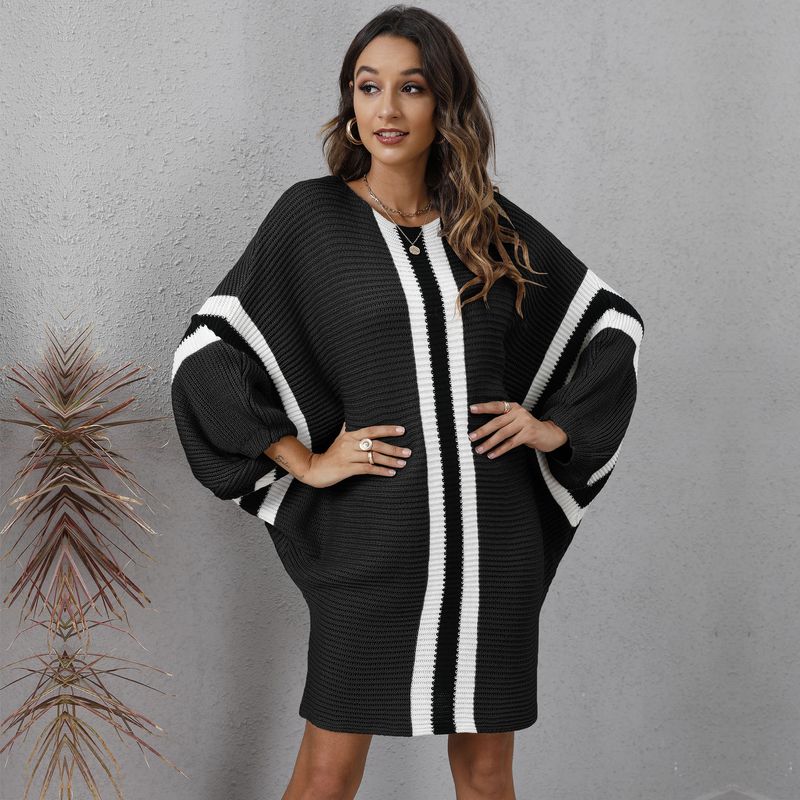 Robe en tricot ample à manches chauve-souris pour femmes, robe patchwork colorée_voghion.com