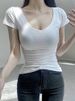 hot selling 2024 Vrouwen Sho Mouwen T-shi V Hals Zwart Wit Tshi Vrouwelijke Basic Effen Kleur Skinny Top Tees Zomer Bottoming_voghion.com