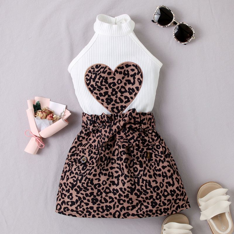 Mutter & Kinder Kinderkleidung Mädchen Sommer Ärmelloses Oberteil mit Leopardenmuster und Herz-Rundhalsausschnitt Kurzer Rock mit Leopardenmuster und Gürtel Zweiteiliges Set_voghion.com