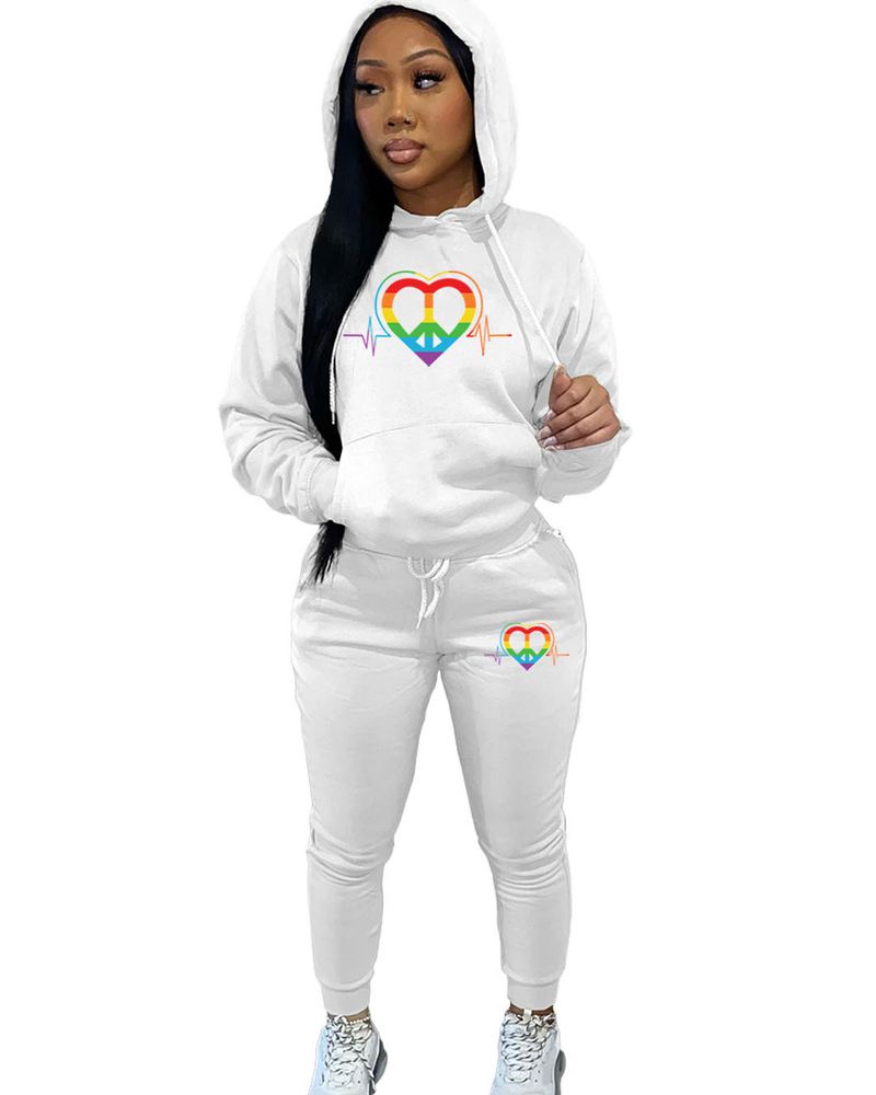 Costume deux pièces pour femmes, sweat-shirt à capuche et pantalon de survêtement, décontracté, radio wave, image d'amour imprimée_voghion.com