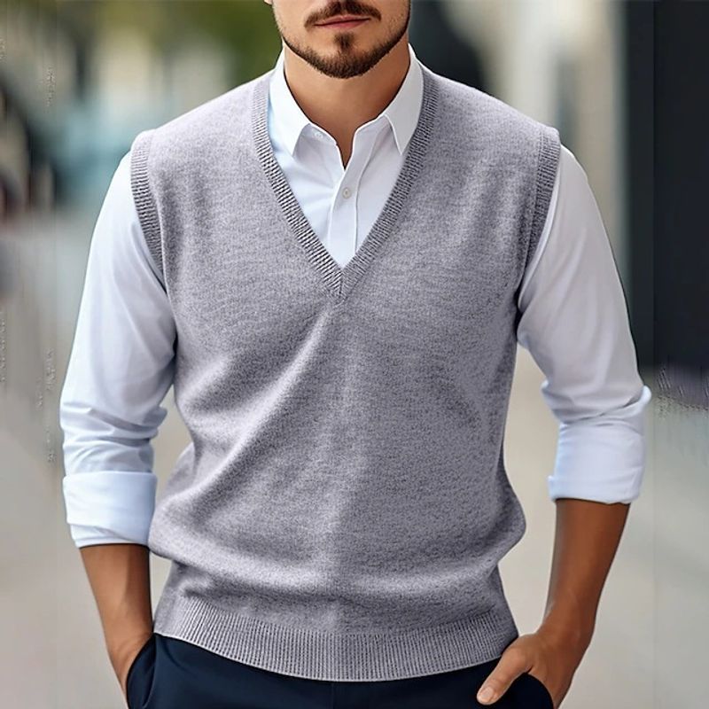 Herren Wollweste Lässig Einfarbig V-Ausschnitt Ärmellos Strickpullover Pullover Vier Jahreszeiten Weste Hemd Herren_voghion.com