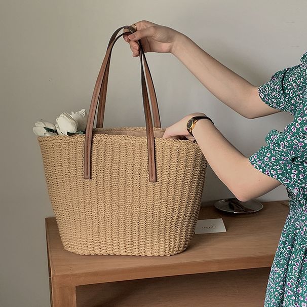 Simple straw bag new style straw bag woven bag holiday beach bag versatile shoulder bag summer commuter tote bag_voghion.com