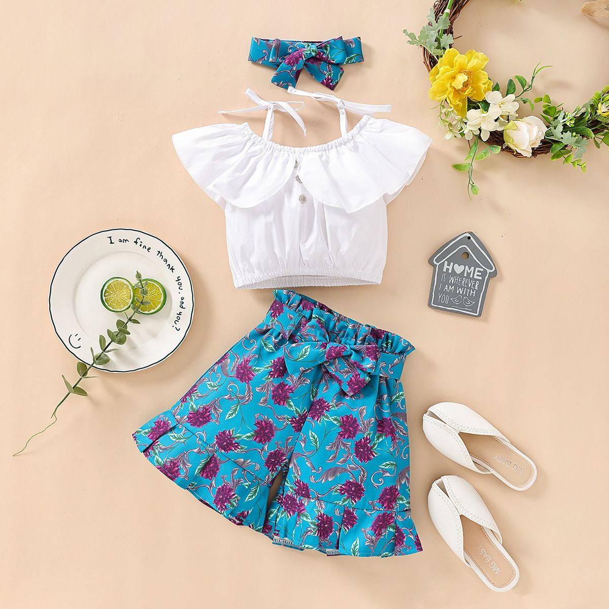 Kannerkleeder Moud Summer Kanner Een-Schëller Hosenträger Top Breet Been Shorts Meedercher Zwee-Deeleg Kostüm_voghion.com