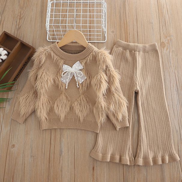 Set aus Boho-Strickpullover und Schlaghose für Mädchen – Koreanischer Stil, 3–8 Jahre (90–130 cm), weiche Polyestermischung, Schleifen- und Blumenakzente, Beige/Pink/Khaki_voghion.com