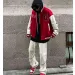Mens Jackets, Red Varsity Men, Oversized Baseball Bomber Jacket With Letter Embroidery, Vintage Style, Leather Sleeves_voghion.com