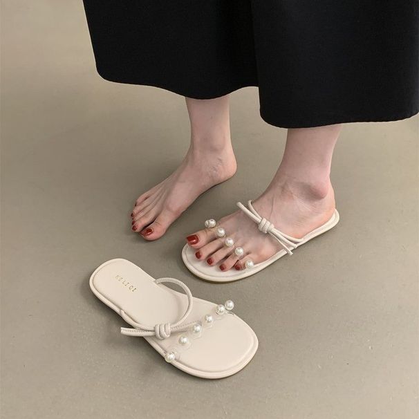 Sandali da donna con cinturino singolo in stile fiabesco, con perle piatte, 2025, ciabatte da spiaggia argentate, alla moda e squisite, comode da indossare_voghion.com