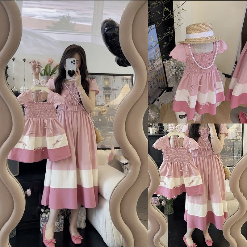 Abito da madre e figlia per la famiglia, estivo, a maniche corte, con gonna per madre e figlia, rosa tenue. Dolce e sottile_voghion.com