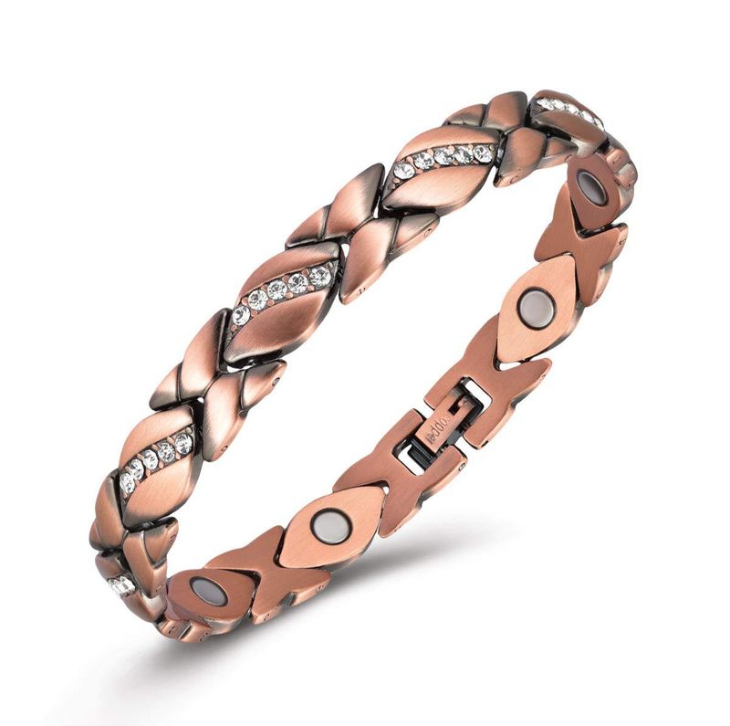 Bracciale in rame rosso con magnete a foglia forte e diamanti intarsiati puri_voghion.com