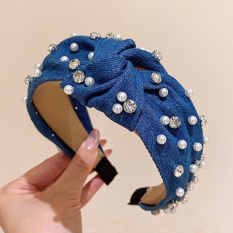 Hot Selling Denim Pearl Rhinestone Knotted Wide Edge Fashionable Headbands, Women's Outdoor Fabric Hair Accessories_voghion.com