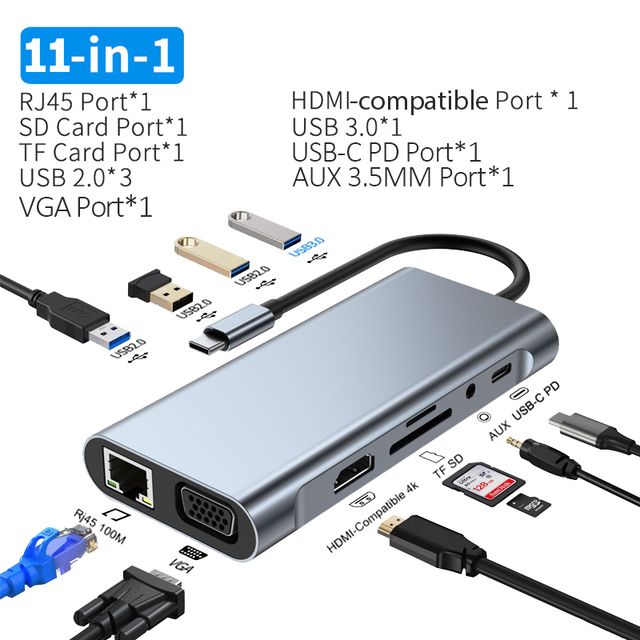 USB C Hub Type C To HDMI-kompatibilní RJ45 5 6 8 11 Porty Dokovací stanice s PD TF SD AUX USB Hub 3 0 Rozbočovač pro MacBook Air Pro PC HUB_voghion.com