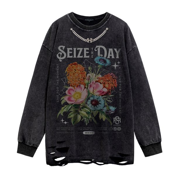 Man's clothing Small wash water black flowers spider web pattern printed casual crew-neck hoodie men and women the same_voghion.com