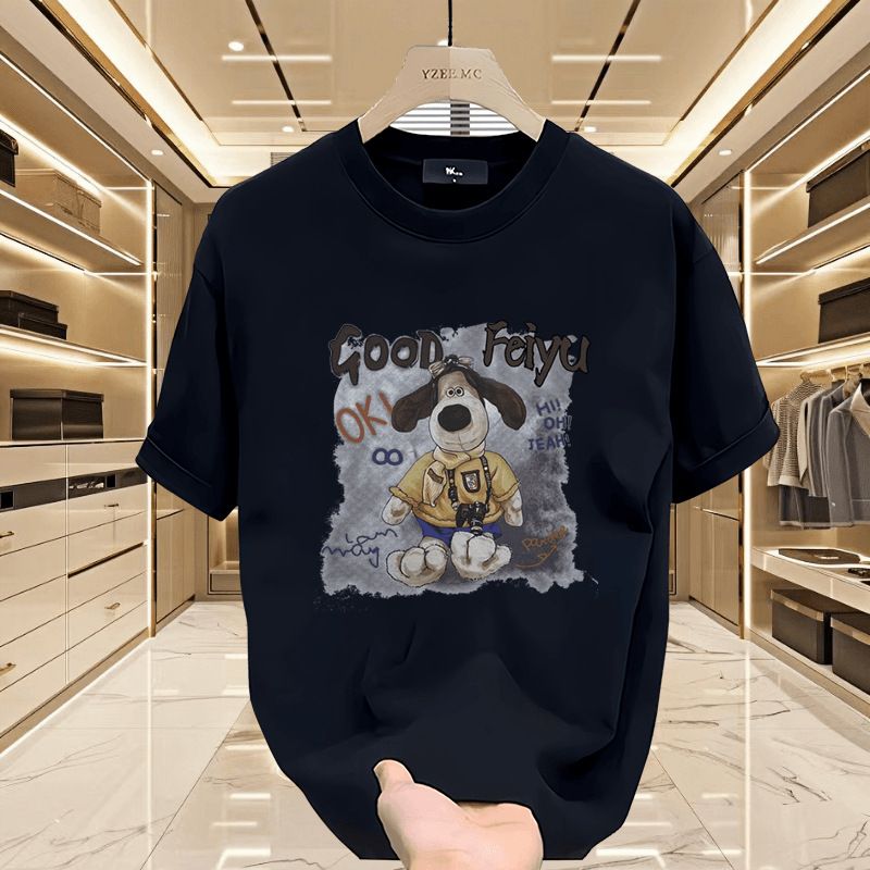 Men's clothing 2024 new summer double yarn combed cotton round neck printed versatile men's short-sleeved T-shirt loose brand T-shirt_voghion.com