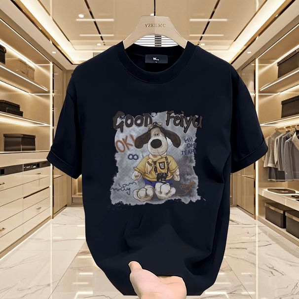 Men's clothing 2024 new summer double yarn combed cotton round neck printed versatile men's short-sleeved T-shirt loose brand T-shirt_voghion.com