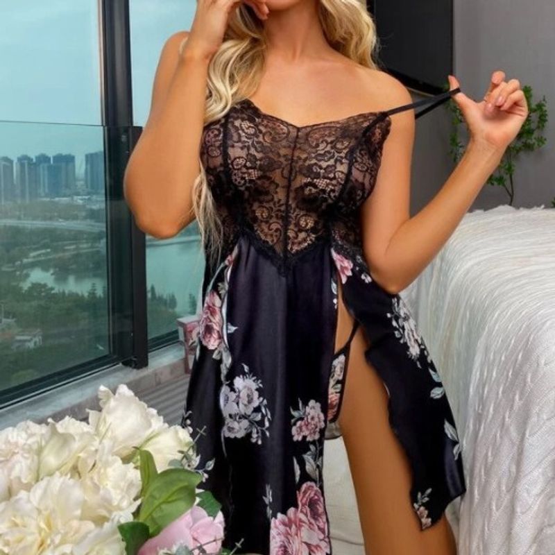 European and American sexy deep V lace pajamas see through printed suspenders nightdress home clothes can be worn outside light luxury and comfortable_voghion.com