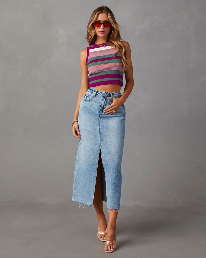 Gonna in denim con spacchi sui fianchi, a vita alta e lunghezza media, da donna, INS_voghion.com
