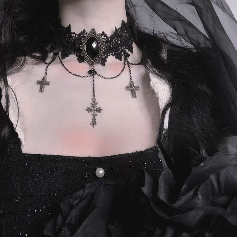 Dark Wind Lolita Lace Cross Necklace Gothic Style Collarbone Chain Choker Neck Collar For Women_voghion.com