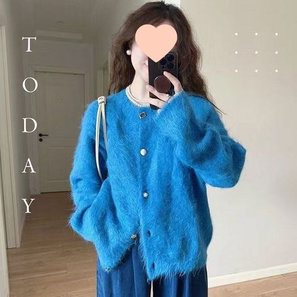 Mädchen Herbst Winter Aufhellender Pullover Mantel Strickcardigan Damen Kleinblau Flauschig Elegantes Design Top_voghion.com