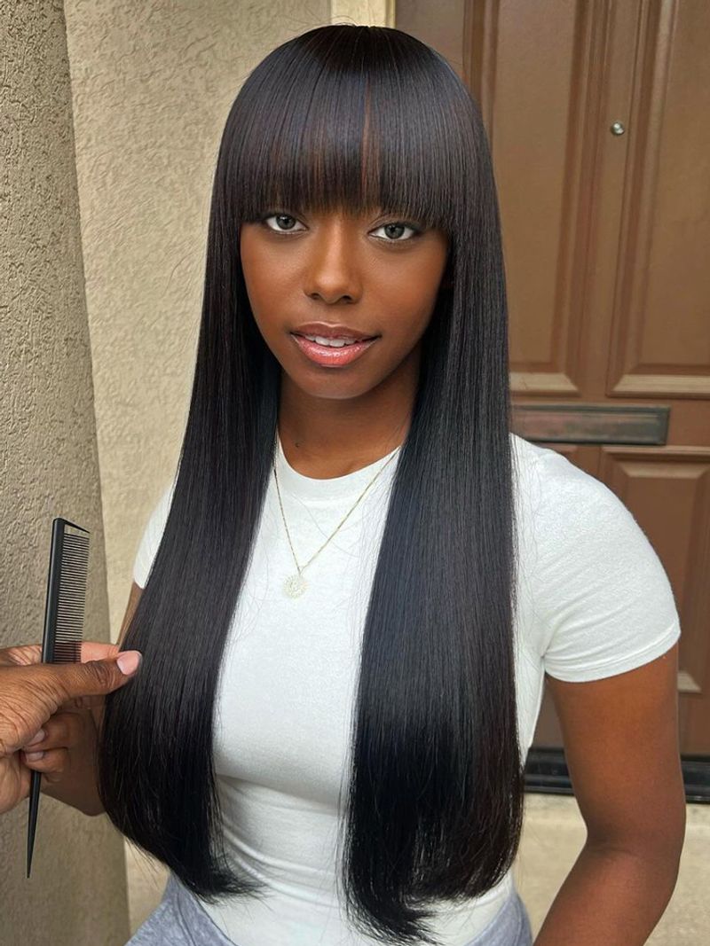 hot selling Bone Straight Fringe Bob 100% Human Wig For Women Brazilian Hair Full hine Made With Bangs_voghion.com