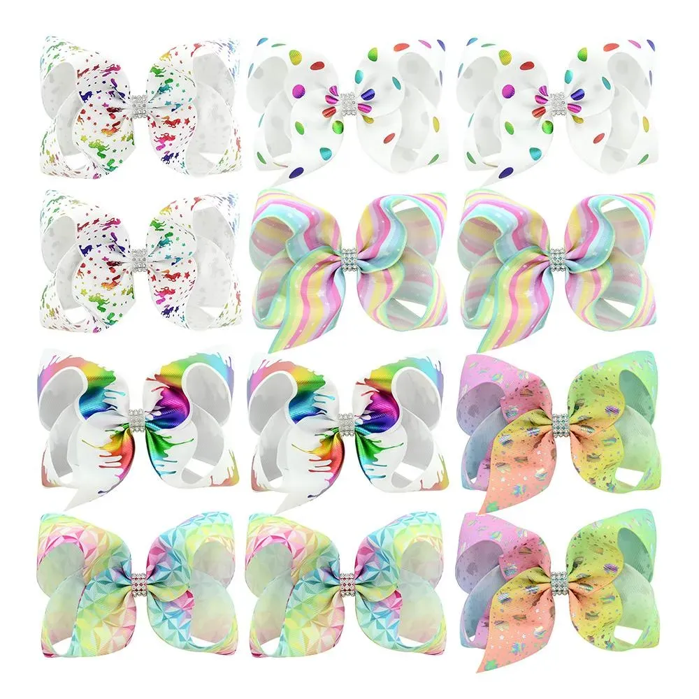 2,5 cm große Schleifen aus Band mit Strasssteinen, Schleife für Kinder, 6 Paar große Haarschleifen in Regenbogenfarben, Krokodilklemmen, Haar-Accessoires für Mädchen_voghion.com