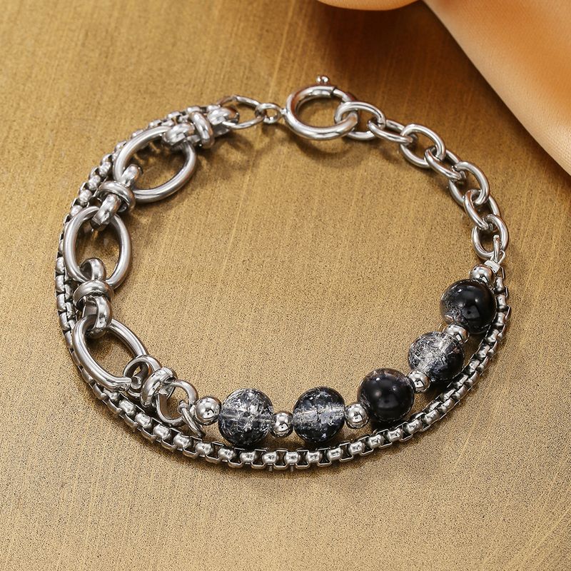 Live Hot Sale Titanium Steel Spliced And Women Street Niche Hip-Hop Double Layer Chain Crack Bead Bracelet For Men_voghion.com