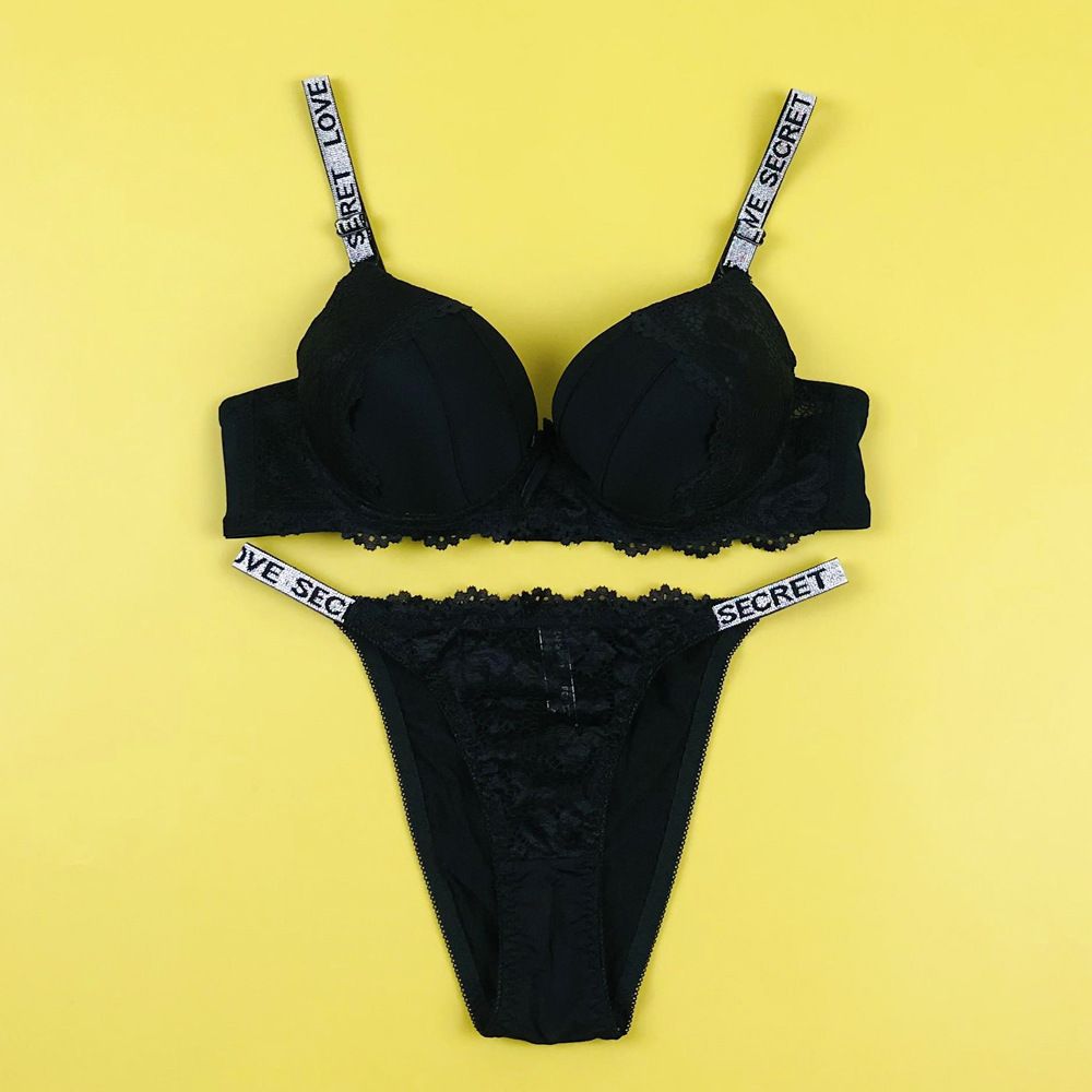 Sexy Spitzen-BH für Damen mit Buchstabenträgern, bequemer, verstellbarer Push-Up-BH und Höschen-Set_voghion.com