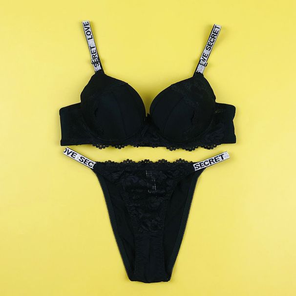 Sexy Spitzen-BH für Damen mit Buchstabenträgern, bequemer, verstellbarer Push-Up-BH und Höschen-Set_voghion.com