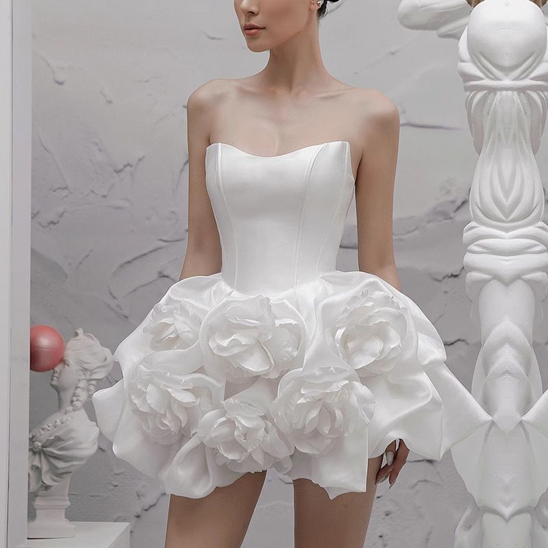 Women's Clothing Niche design dress 2024 spring new sexy tube top three dimensional flower elegant white evening dress_voghion.com