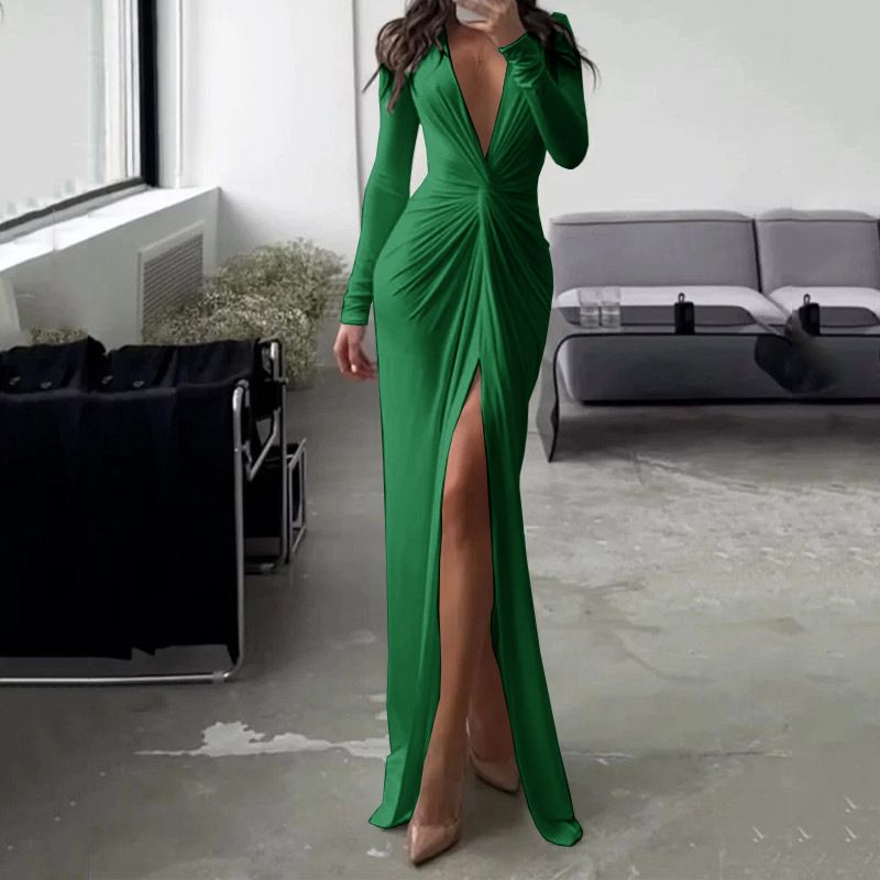 Vêtements pour femmes Robe de couleur unie à la mode sexy col en V à manches longues robe jupe plissée slim unie_voghion.com
