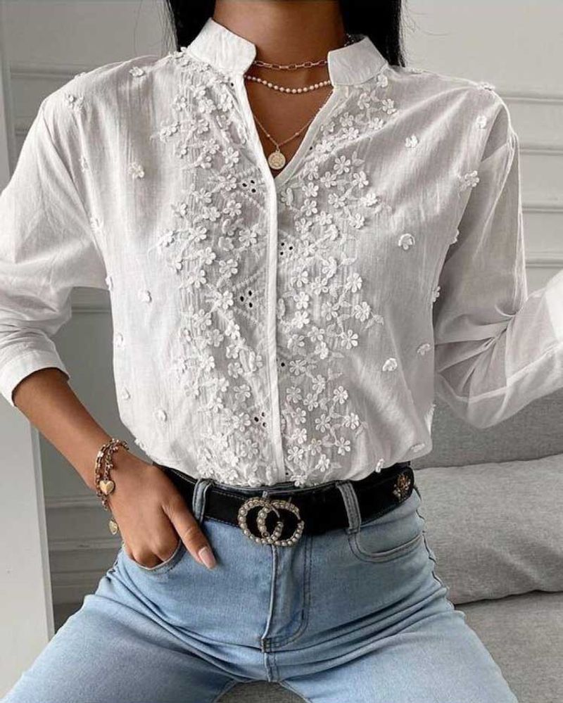 Camicia a maniche lunghe con top cavo ricamato con scollo a V in cotone e lino da donna autunno e inverno_voghion.com