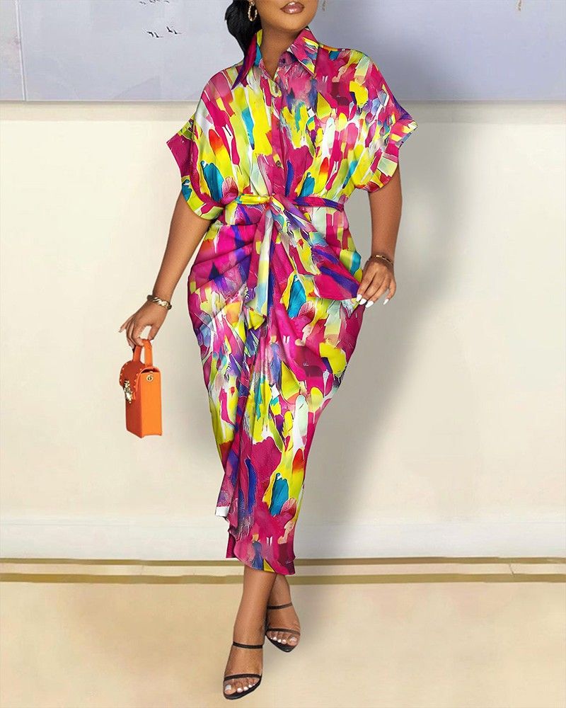 2022 bağımsız istasyon dilek sıcak stil sonbahar uzun kollu V yaka düğmeli baskılı gömlek elbise uzun etek kadınlar için_voghion.com