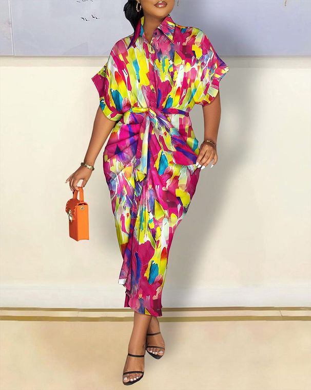 2022 bağımsız istasyon dilek sıcak stil sonbahar uzun kollu V yaka düğmeli baskılı gömlek elbise uzun etek kadınlar için_voghion.com