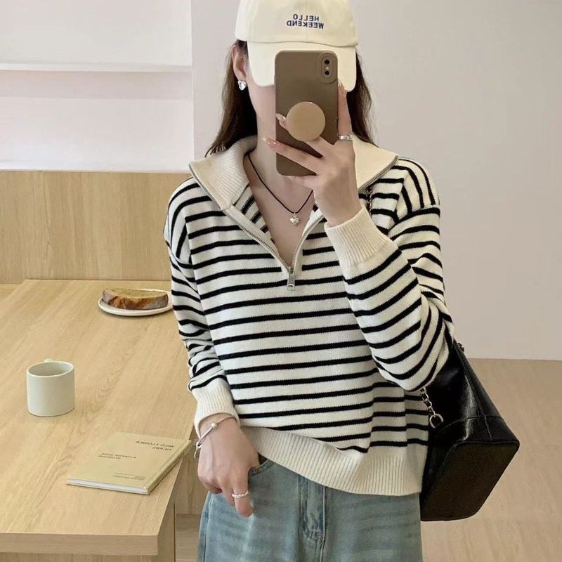 Advanced striped loose hoodie top for women's autumn new style zipper chic fresh commuting trend lapel long sleeved_voghion.com