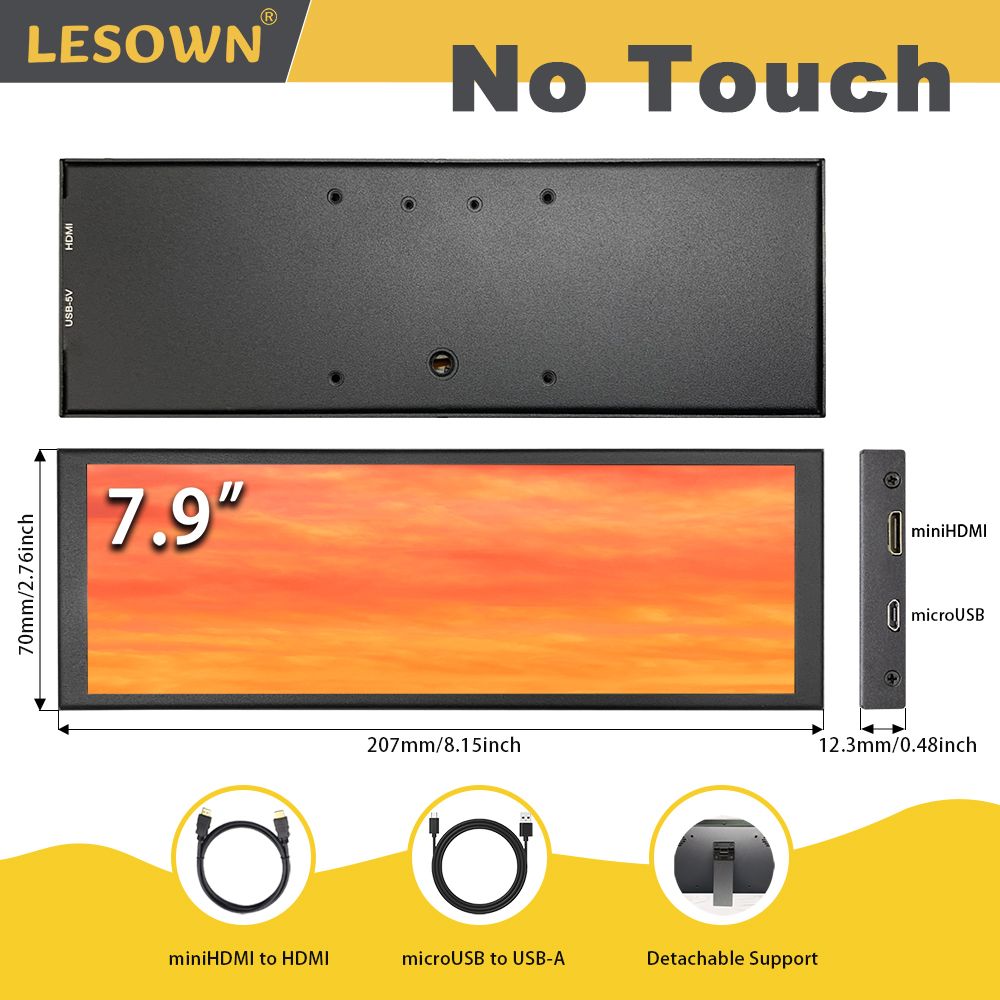 LESOWN Stretched Strip Touch Display 7.9 Inch 400x1280 IPS Single-handed Portable Rectangular Monitor Raspberry Pi_voghion.com