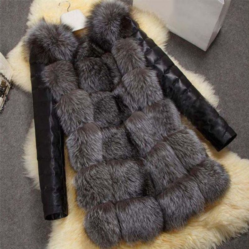 Cappotto in pelliccia sintetica di lusso per donna - Elegante giacca invernale in pelle PU con collo in pelliccia di volpe, caldo capospalla a maniche lunghe per autunno inverno, abbigliamento casual da ufficio_voghion.com