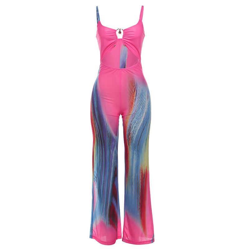 Dametøj Sommer Ny Sexet Stram Rygløs Kontrastfarvet Lav Udskæring Slynge Høj Talje Jumpsuit_voghion.com
