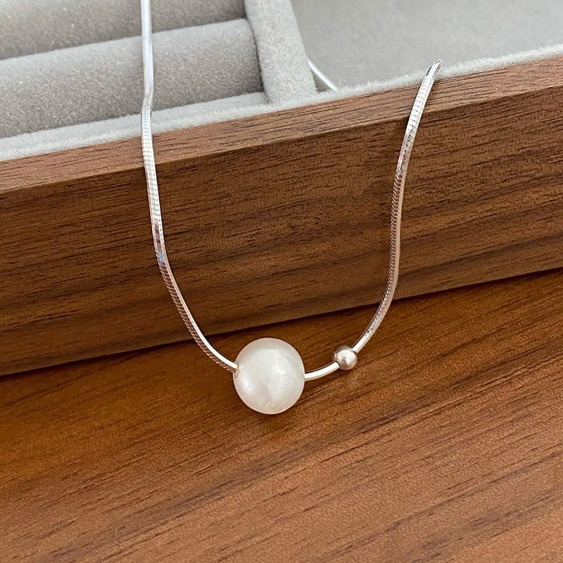 Collier en argent pur avec perles rondes d'eau douce crème pour filles, style fille douce, collier en os de serpent, clavicule_voghion.com