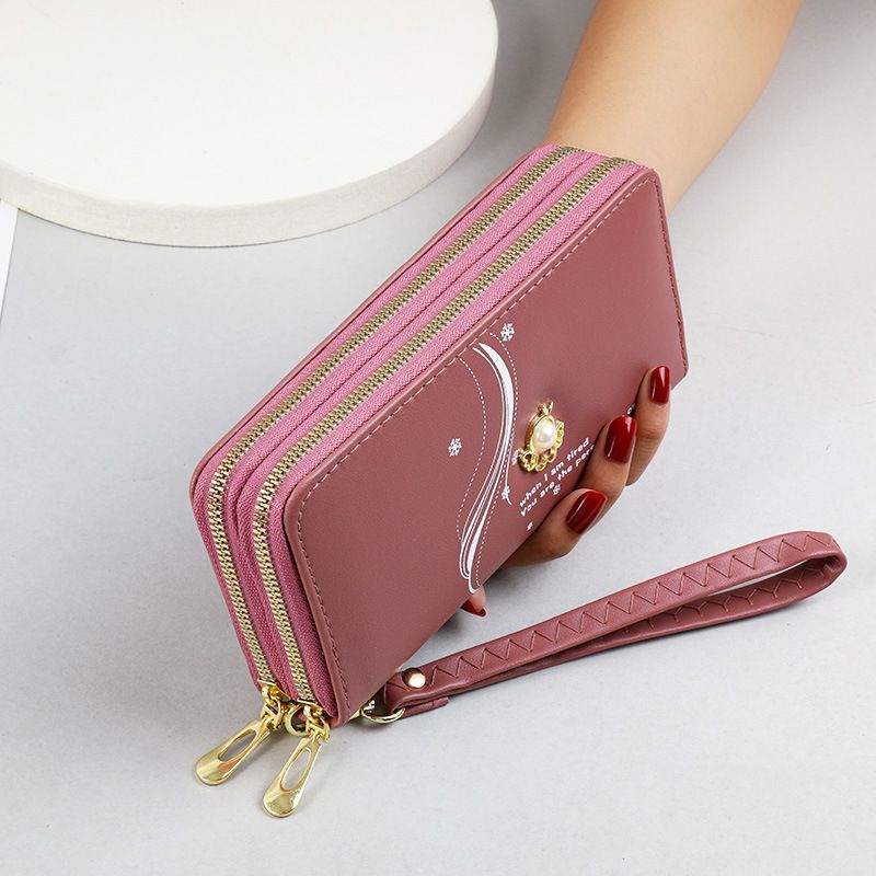 Women's Wallet Card Cases Double Layer Zipper Long Wallet Women Large Capacity Wrist Clutch Pearl Print Mobile Phone Bag_voghion.com