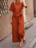 Women's large size suit linen leisure loose solid color suit two-piece suit_voghion.com