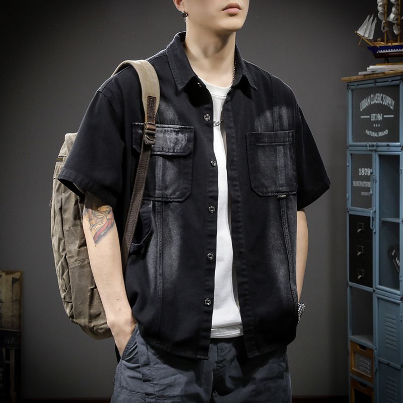 American Fashion Brand Gradient Washed Denim Shirt Short Sleeved Jacket Men's Loose Versatile Summer Work Shirt Trend_voghion.com