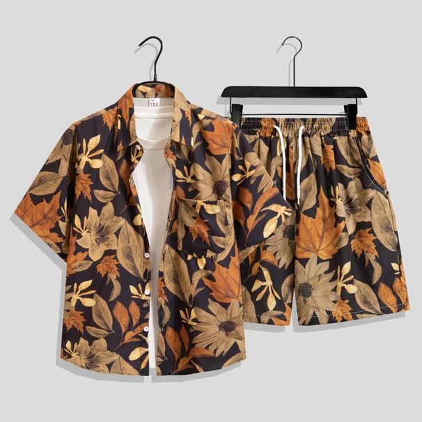 Abbigliamento maschile Abito in seta ghiacciata Camicia estiva a maniche corte da uomo ad asciugatura rapida, ampia taglia, pantaloncini da spiaggia floreali, coppia, coordinato, due pezzi_voghion.com