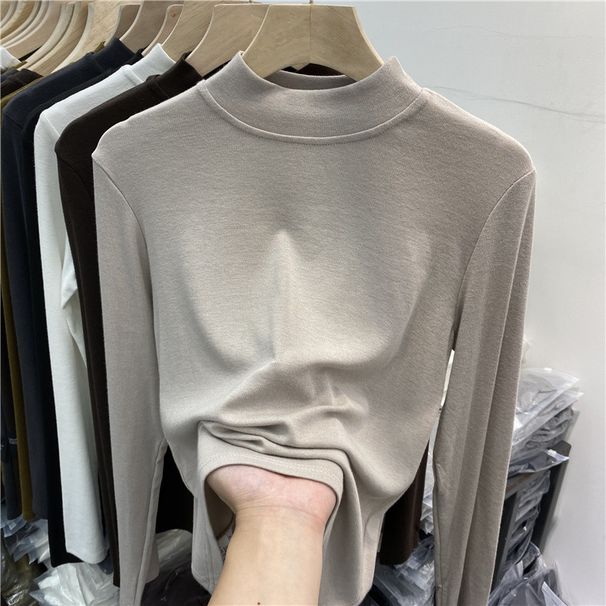 2025 Woolen Flannel Stand Up Collar Base Shirt, Women's Long Sleeved Cotton T-Shirt, 2025 Autumn And Winter New Semi High_voghion.com