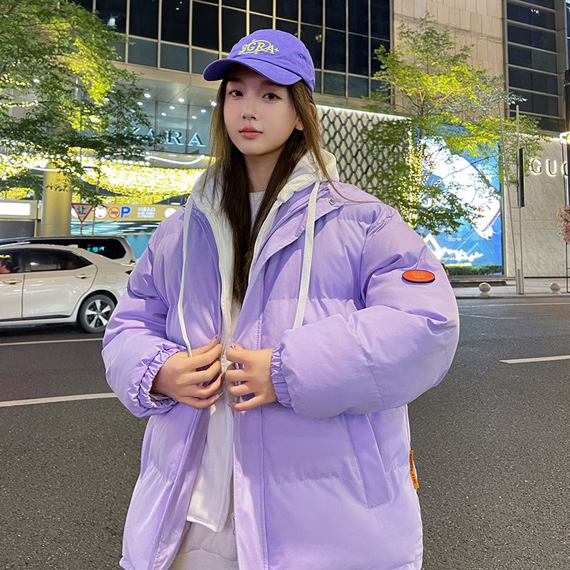 2024 Winter Coat, Men's Thick Cotton Women's Hooded Couple's Bread Jacket, Simple Color Blocking, Warm_voghion.com