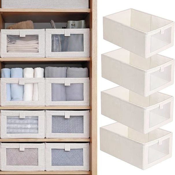Bacs de rangement en tissu transparent avec poignées - Organisateur polyvalent pour vêtements, jouets et livres (rangement pliable et peu encombrant dans un placard ou un tiroir)_voghion.com