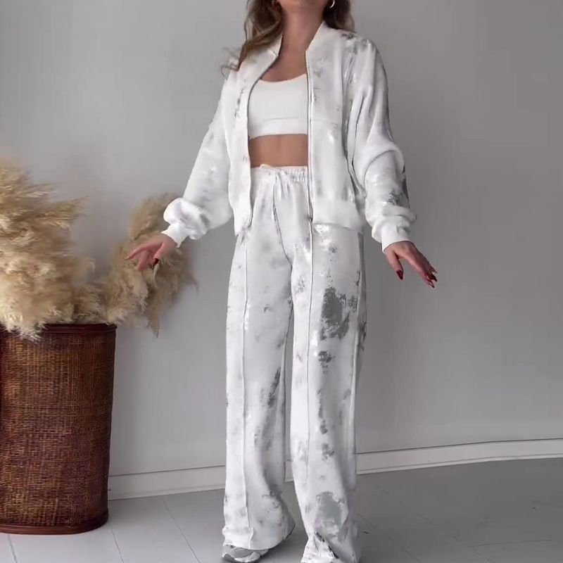Women's fashion sequin printed zipper casual sweatshirt two-piece set_voghion.com