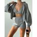 Basic Solid Color Hooded Loose Zipper Jacket Tank Top + Shorts Casual Three-Piece Set_voghion.com